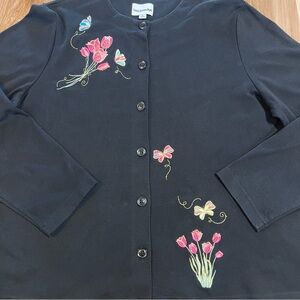 Breckenridge Women’s XL Butterfly Flower Spring Black Cardigan Button Sweater